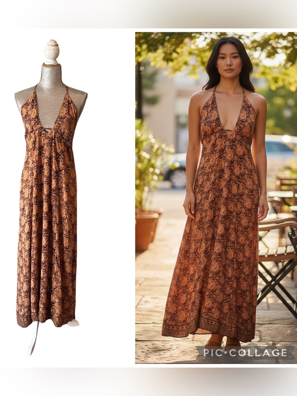 Mila Brown Tan Paisley Halter Open Back Maxi Dress Size M